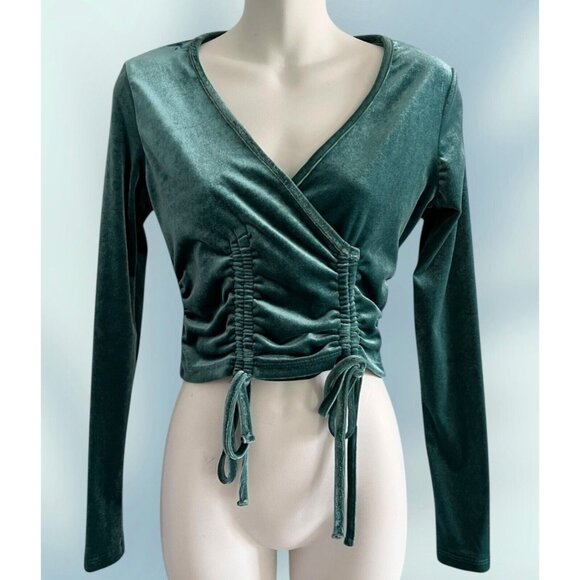 90s Y2K Green Velvet Women's Crop Top Wrap Adjustable Whimsigoth Boho Small - Picture 1 of 9